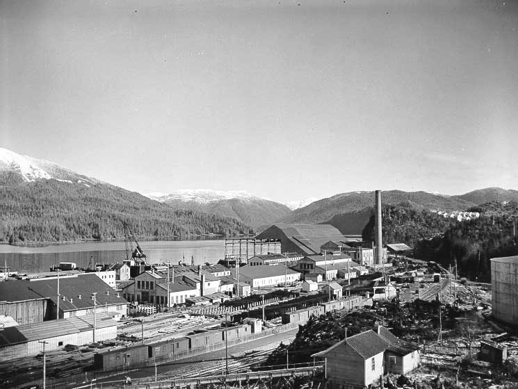 East-end view of Prince Rupert shipyard : houses constructed for shipyard workers by Maritime Housing Limited at extreme upper right