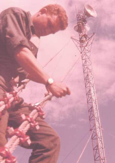 Worker tightens guy cable