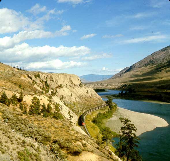 Aerial view of a westbound train near Kamloops