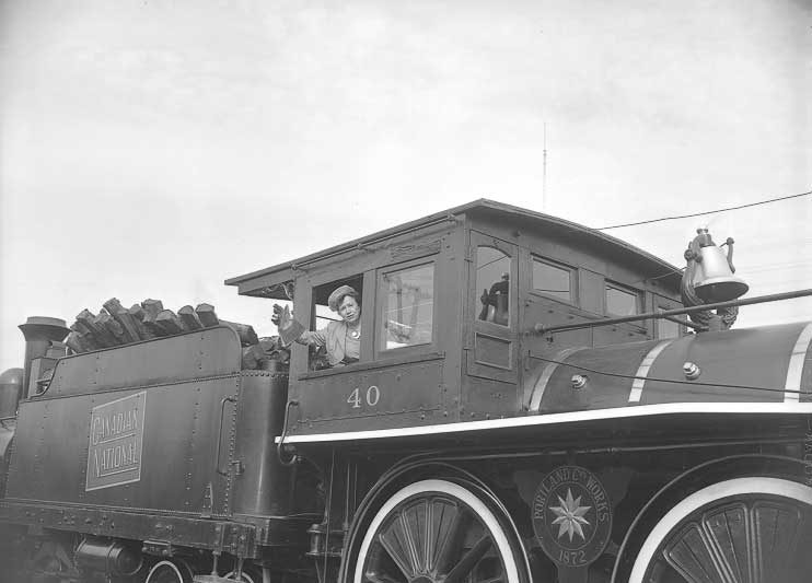 Ottawa Mayor Charlotte Whitton waves from the cab of the museum train
