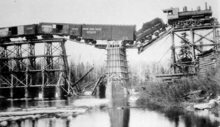 National Transcontinental Railway: train on partially collapsed bridge