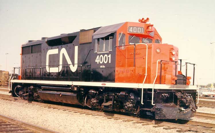 CN diesel-electric locomotive 4001, model GP-35, three-quarter view