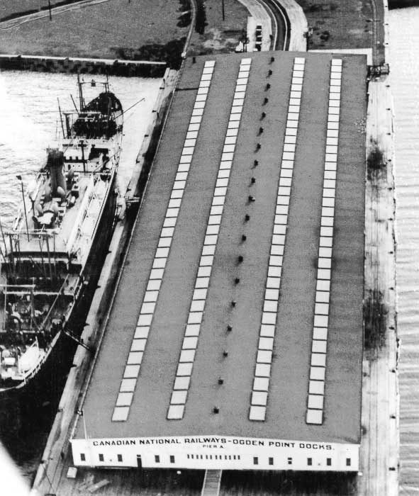 A steamship sits moored at Ogden Point Docks