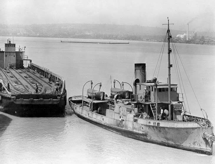 CN freight car barge and tug SS Canadian National No. 1 leaving Port Mann