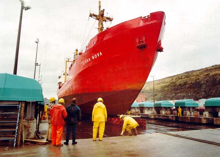Newfoundland coastal cargo ship MV Terra Nova in the newly installed syncrolift at the dry dock