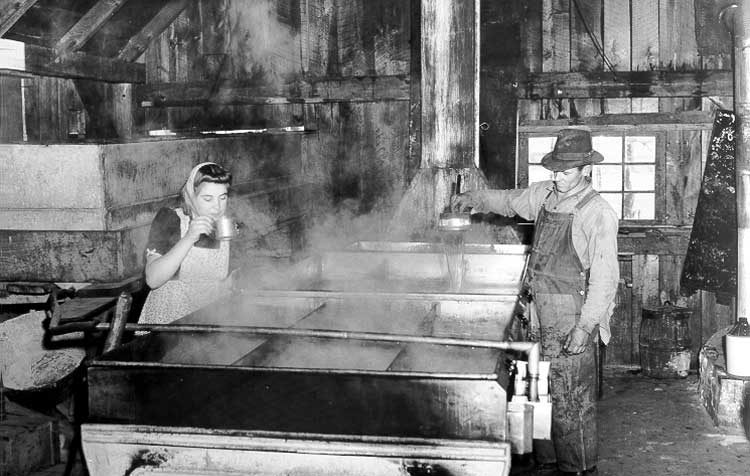 Skimming the boiling maple sap to remove scum and to check its colour