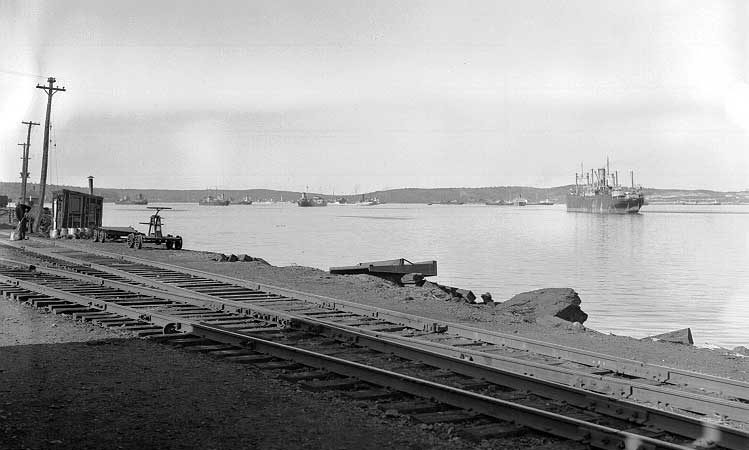 Munitions ships await convoy in Bedford Basin by a rail yard