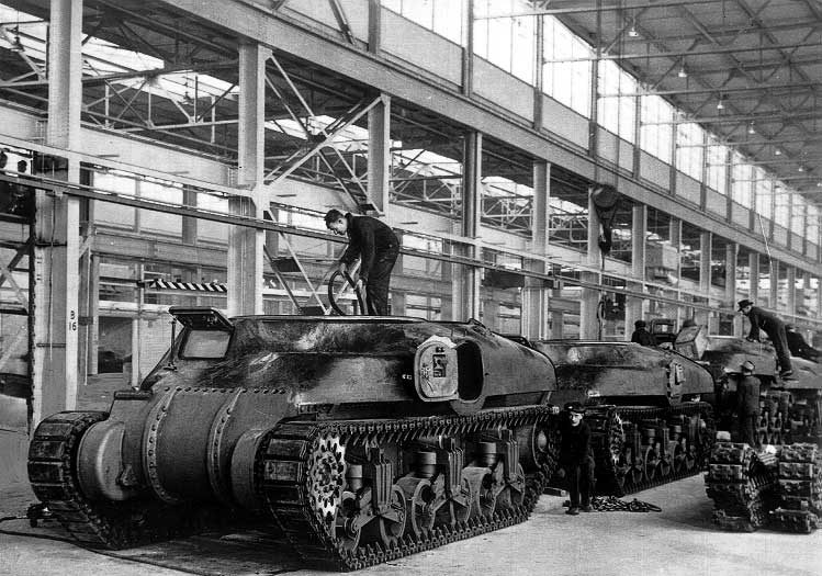A production line producing 28-ton tanks at Montreal Locomotive Works