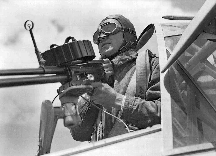 An RCAF air gunner in the stern of a Lysander