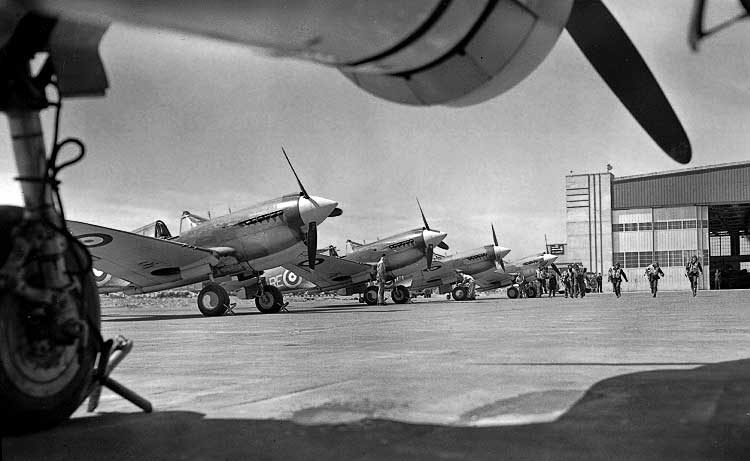 Kittyhawk fighters lined up at a Royal Canadian Air Force fighter station