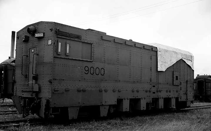 CNR diesel-electric locomotive 9000 in armoured configuration, left side