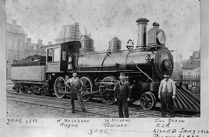 Central Vermont Railway coal burning steam locomotive no. 98 and CVR employees