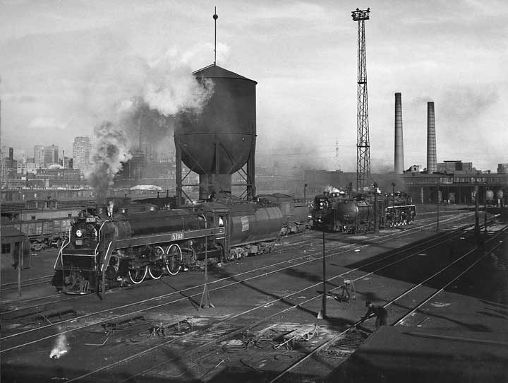 Canadian National Railways locomotive in the Toronto roundhouse and yards