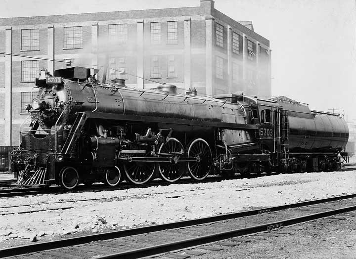 Canadian National Railways steam locomotive 5703 with a new form of smoke deflecting device, left side