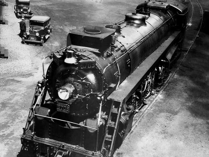 Canadian National Railways steam locomotive 5703 with a new form of smoke deflecting device, above view