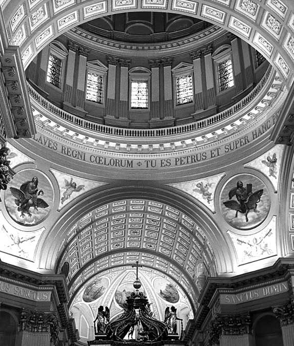 The interior of St. James Cathedral looking up to the dome, choir and apse.