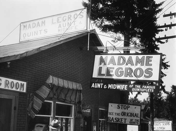 Madam Legros' shop, displaying Dionne Quintuplets memorabilia and their original basket