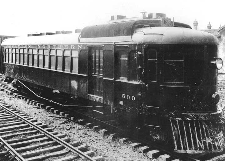 Canadian Northern Railways diesel-electric self-propelled rail car no. 500, three quarter view