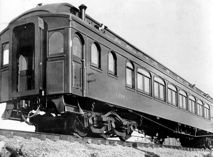 Canadian Northern Railways first class passenger coach no. 310, three quarter view
