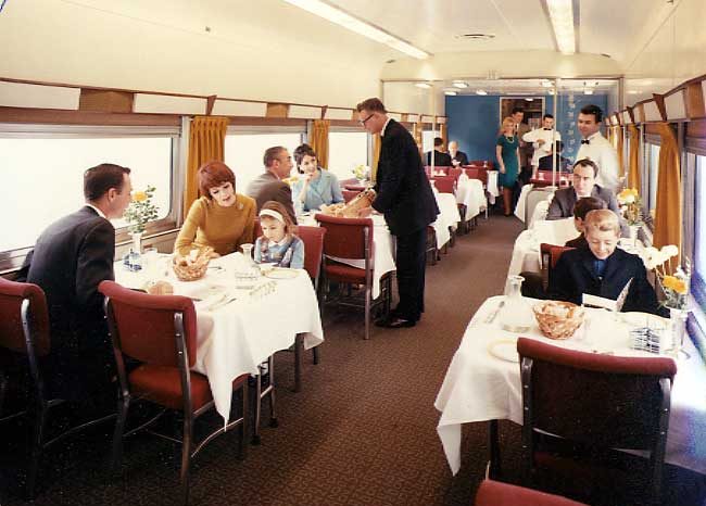 The interior of a dining car