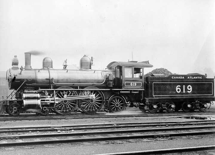 Canada Atlantic Railway Company steam locomotive no. 619 on Ottawa (Ont.)  to Coteau Landing (Québec) run, left side