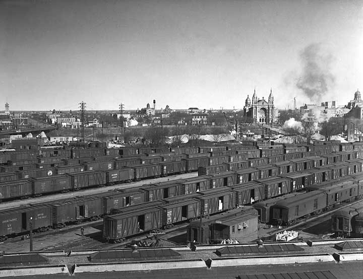 View of freight yard taken from the roof of the Winnipeg Union Station