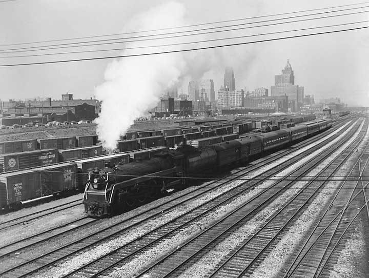 A Canadian National Railways passenger train arrives at the Toronto Railway Yard