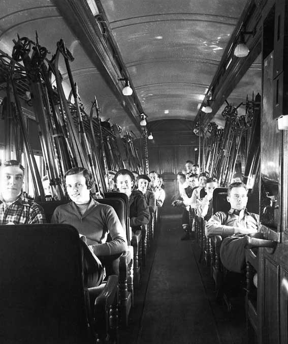Passengers aboard the Canadian National Railways ski special on their way to the slopes