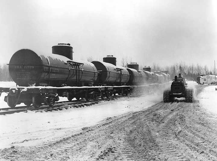 Railway supplies being assembled for construction on the Moak Lake line