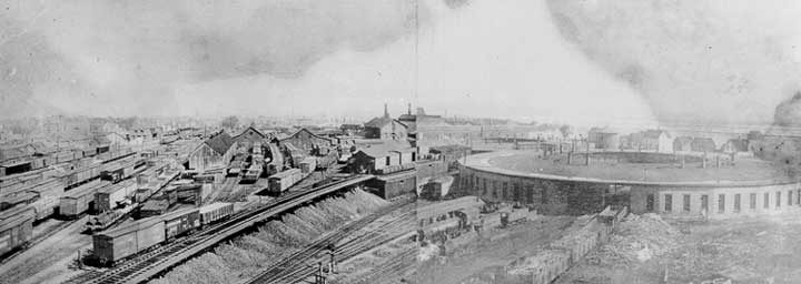 The Moncton Railway Yard, showing the engine house and shops