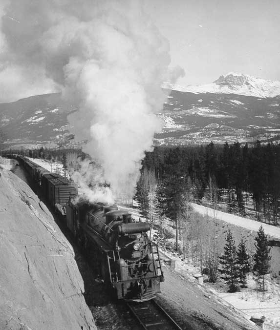 Canadian National Railways steam locomotive no. 4326 hauling a freight train near Jasper