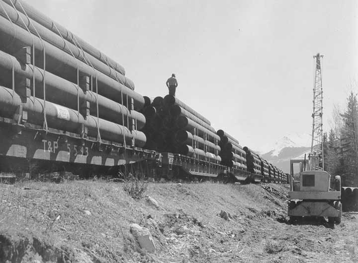 Transporting sections of pipe for the Trans Mountain Pipe Line