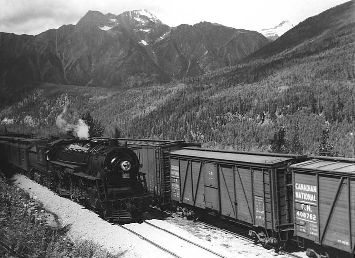 A freight train and a passenger train steam past each other in the Rocky Mountains