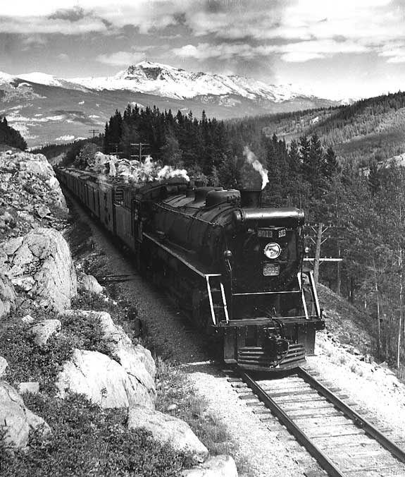 Canadian National Railways steam locomotive no. 6013 hauls a freight train west of Jasper