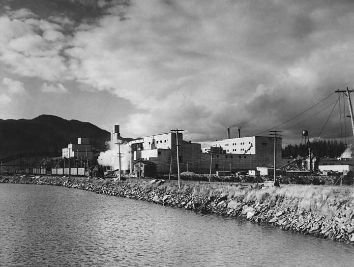 A Canadian National Railways freight train steams past the Canadian Cellulose Company plant
