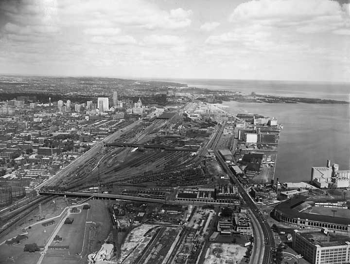 Aerial view of the Canadian National Railways yard in downtown Toronto