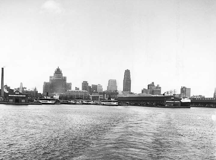 Canada Steamship Lines docking facilities seen from a ferry boat in the harbour