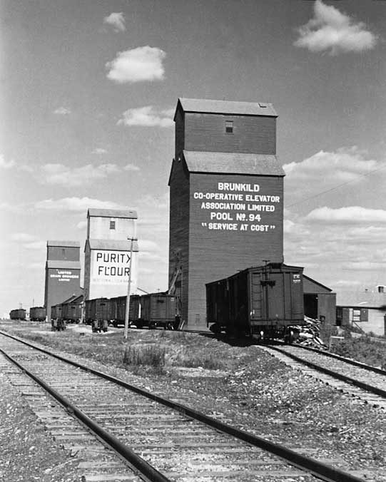 Canadian National Railways freight cars beside a row of grain elevators
