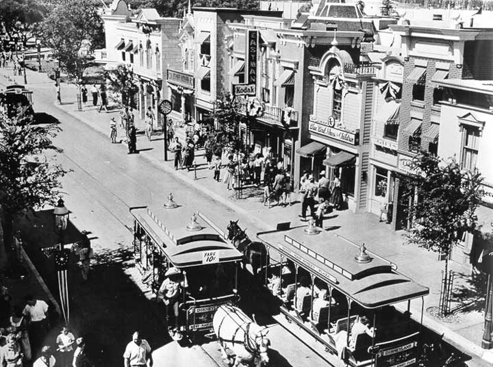 Horse-drawn trolley busses at Disneyland