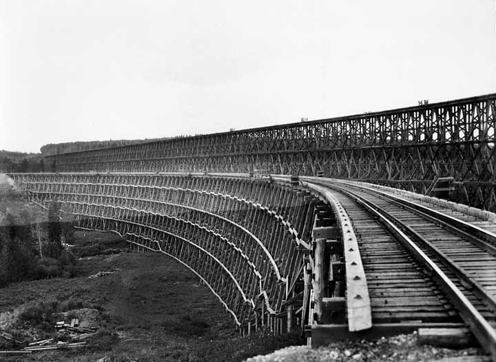 A wooden railway trestle