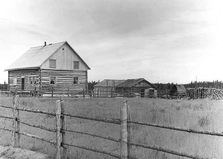 A log house and farm buildings