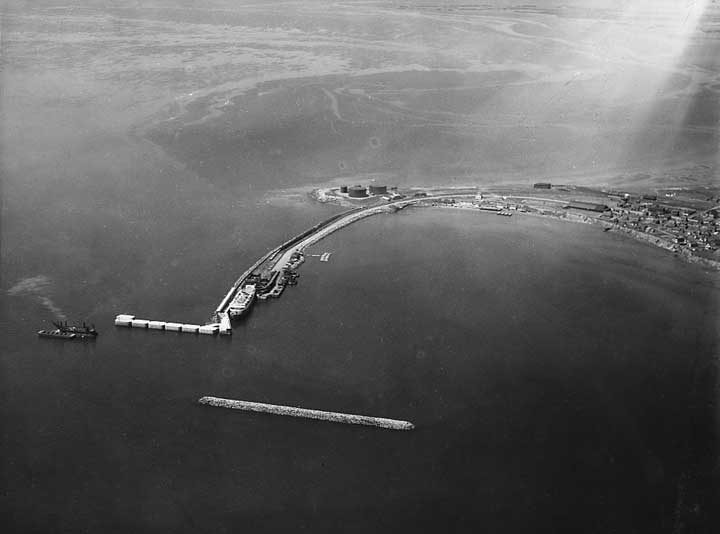 An aerial view of the railway car ferry terminals