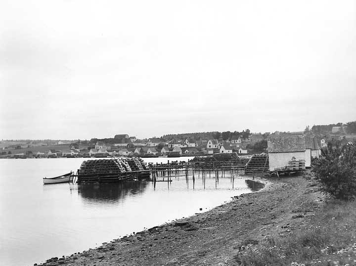 Lobster traps stacked on the dock at Rustico