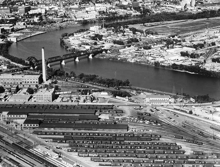 An aerial view showing railway bridge and yard behind Union Station
