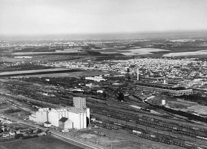 Transcona operations centre showing Canadian National Railway yards and grain elevator