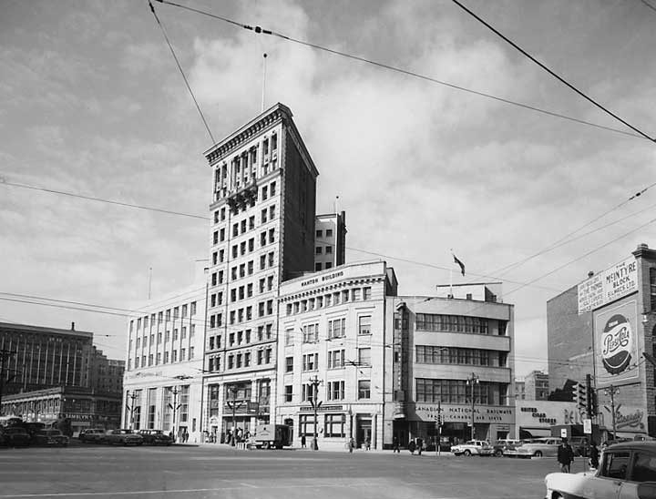 Canadian National Railways and Trans-Canada Air Lines offices at the corner of Portage Avenue and Main Street