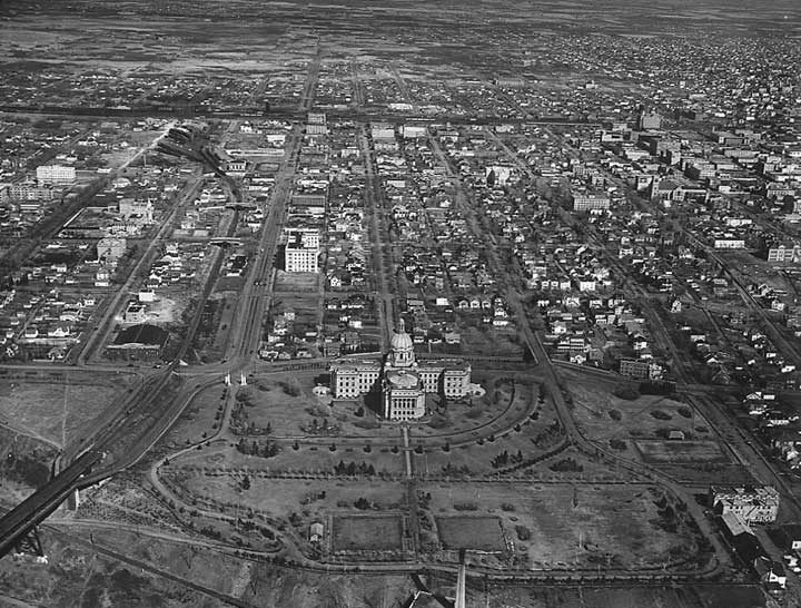 An aerial view of the Alberta Legislative Building
