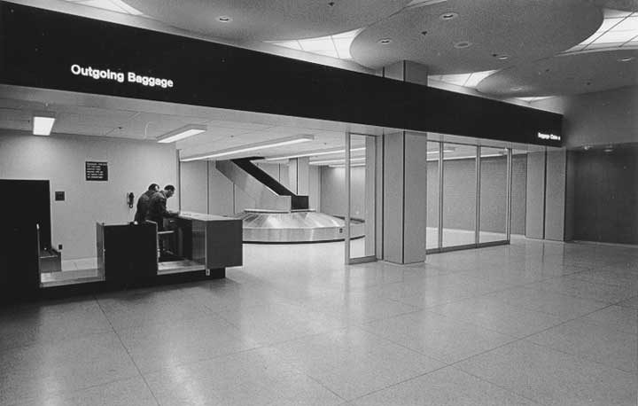 A view of the baggage counter and conveyor system in the Canadian National Railway station