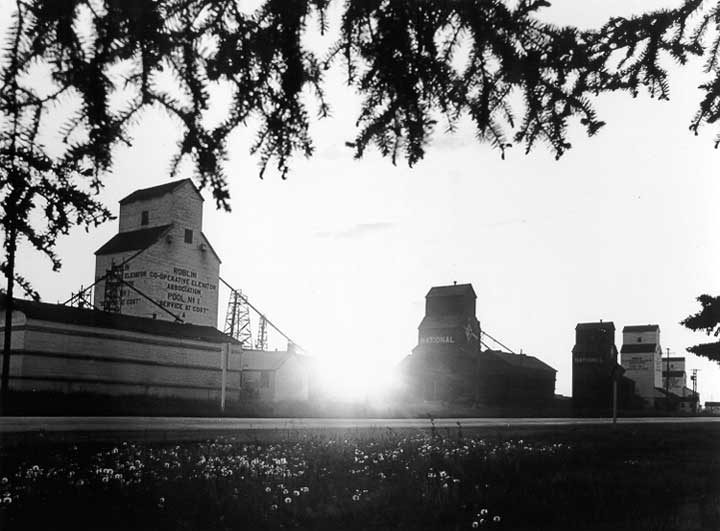 Grain elevators at sunset