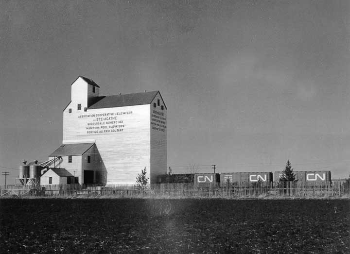 Freight cars line up beside a grain elevator